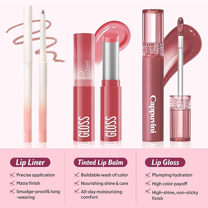KIMUSE 3PCS Lip Combo Set - Matte Lip Liner Pencil + Hydrating Tinted Lip Balm + Juicy Lip Gloss Tint, Non-Sticky, Long-Lasting, High Pigment Lip Makeup Kit (Sweet Fig Set)