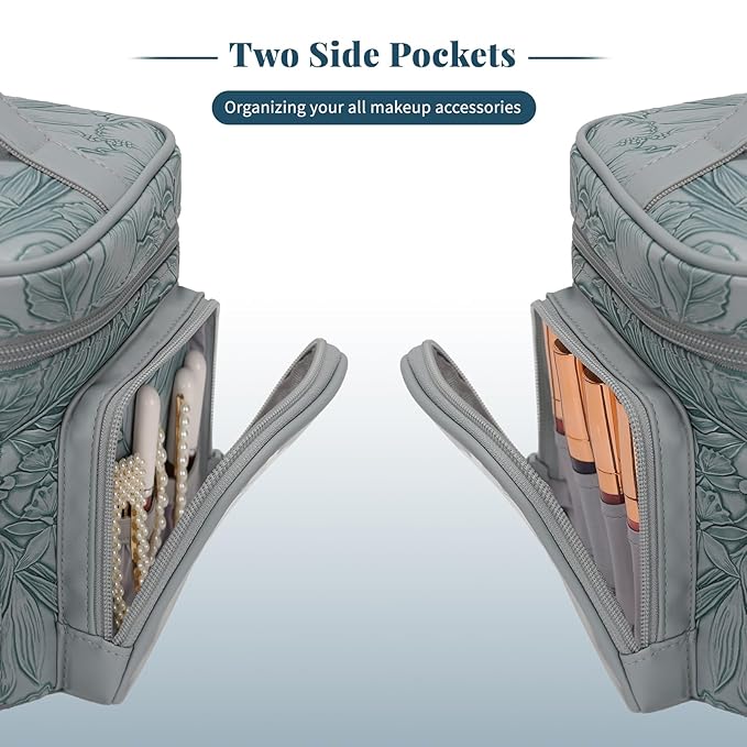 Large Makeup Bag, Portable Travel Makeup Bag Organizer for Women Girls with Makeup Brush Compartment & Two Side Pockets, Cosmetic Travel Bag Vertical Storage Toiletry - Floral Blue