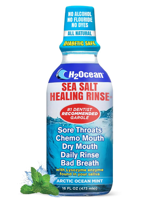 H2Ocean Healing Rinse Natural Sea Salt Oral Care - Mouth Rinse for Oral Care - Great for Piercings, Sore Throats & Gum Health - Alcohol- & Fluoride-Free Mouthwash - Arctic Ocean Mint, 16 oz