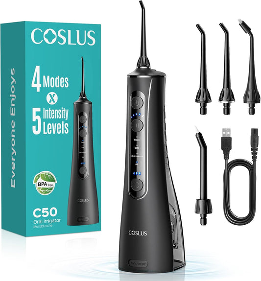 COSLUS Portable Water Flosser for Teeth: 4 Modes & 5 Intensity Levels Professional Electric Dental Pick for Sensitive Gums, Braces & Orthodontic - Cordless for Travel Use, for Adults, BPA-Free, Black