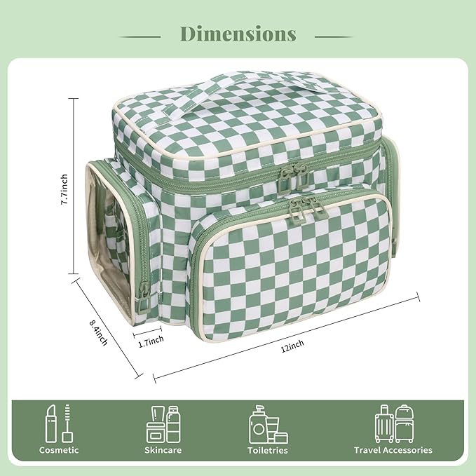 Large Checkered Makeup Bag, Portable Travel Makeup Bag Organizer for Women Girls with Makeup Brush Compartment & Two Side Pockets, Cosmetic Travel Bag Vertical Storage Toiletry Bag- Green1