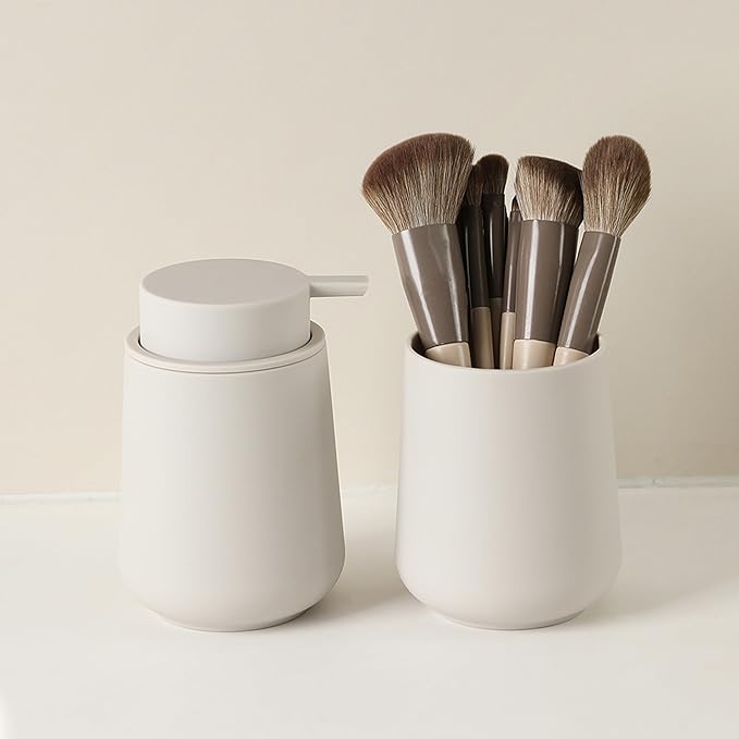 Matte Beige Bathroom Accessories 2 Piece Set Plastic Soap Dispenser and Toothbrush Holder for Modern Bathroom Decor