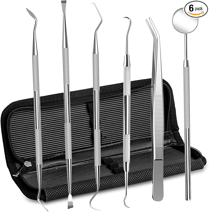 Dental Hygiene Tool Set Stainless Steel Dental Pick and Tweezers, Gum Floss, Tooth Scraper Plaque Tartar Remover for Personal Oral Care & Pet Use (6 Pack)