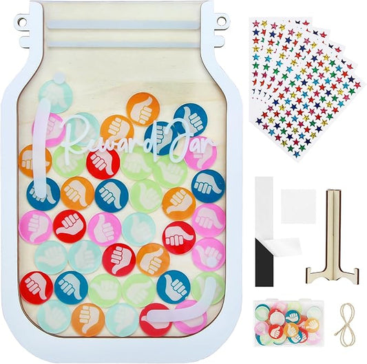 Herda Personalized Reward Jars for Kids- Classroom Behavior & Home Behavior Training Kit for Classroom/Potty/Chores, Teacher/Parent Incentive Tools Jar(42Pcs Thumbs-Up & 420Holographic Star Stickers)