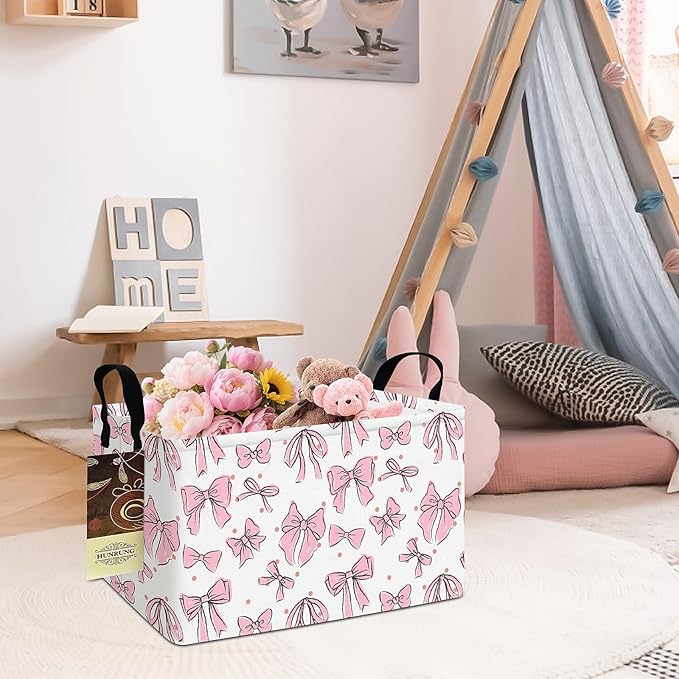 HUNRUNG Rectangle Storage Basket Cute Canvas Organizer Bin for Pet/Children Toys, Books, Clothes Perfect for Rooms/Playroom(REC-Pink Bow)