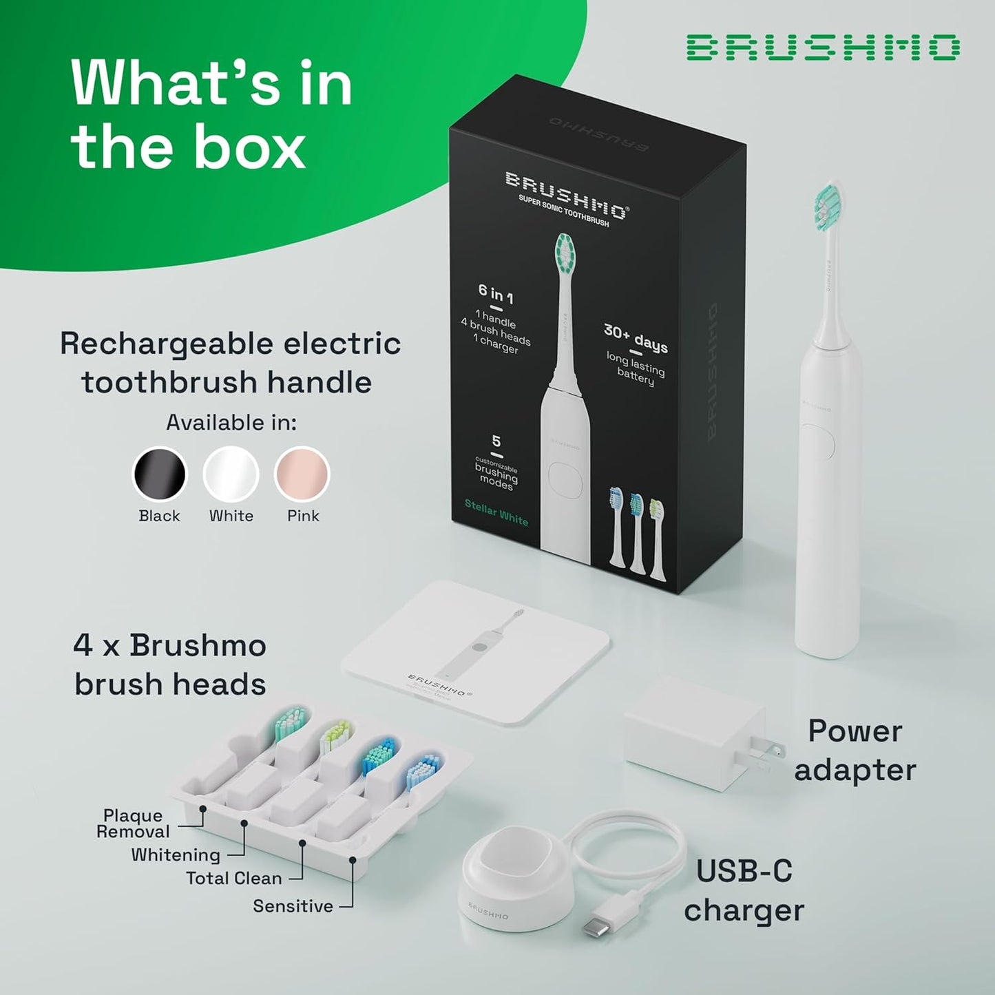 Brushmo Super Sonic Electric Toothbrush with 4 Replacement Heads - Rechargeable Electronic Tooth Brush for Adults with 5 Customizable Modes - IPX7 Waterproof & Long-Lasting Battery - White