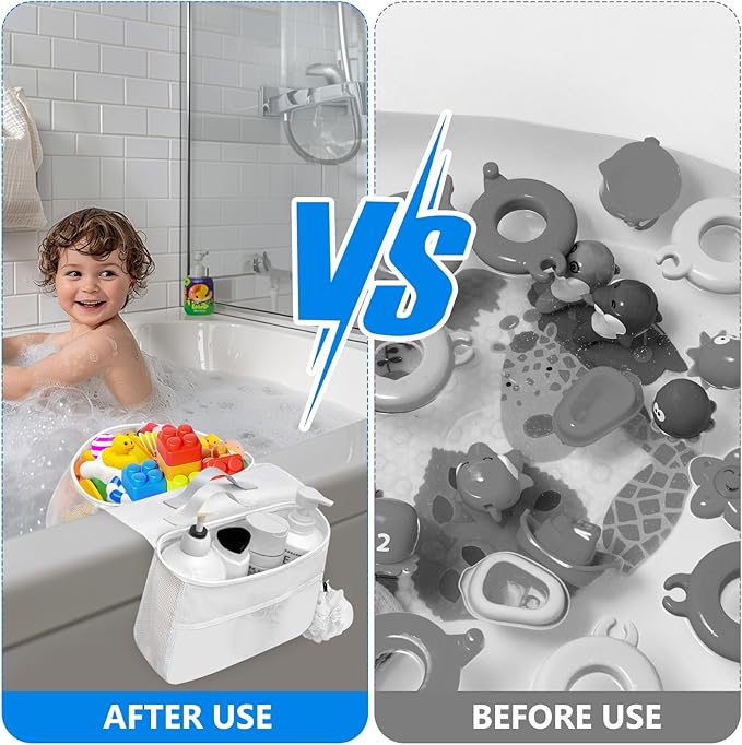 Blingbin Bath Toy Organizer, 2 Compartments Bathtub Toy Storage Organizer, Quick Access Bath Toy Holder for Bathtub, Quick Dry Wide Opening Mesh Shower Toy Holder for Kids Toddlers
