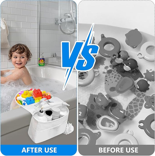 Blingbin Bath Toy Organizer, 2 Compartments Bathtub Toy Storage Organizer, Quick Access Bath Toy Holder for Bathtub, Quick Dry Wide Opening Mesh Shower Toy Holder for Kids Toddlers