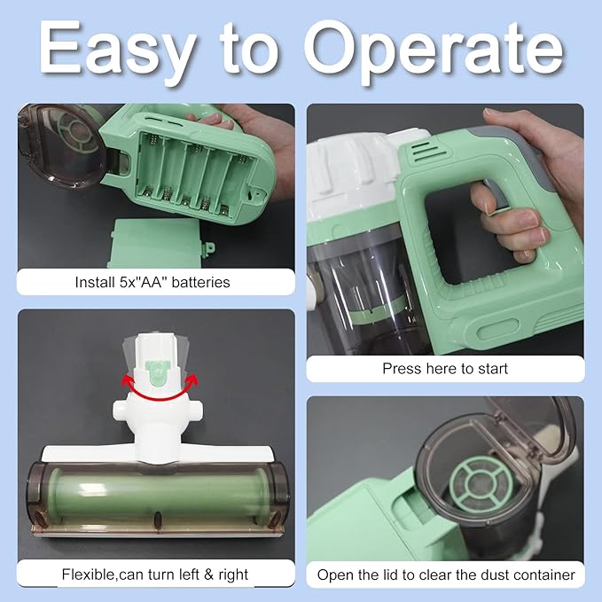 3-in-1 Kids Vacuum That Really Works, Toddler Toy Vacuum Cleaning Set for Children Aged 3+, Fun Kids Working Toy Vacuum Cleaner with Working Suction for Realistic Play (630Green)