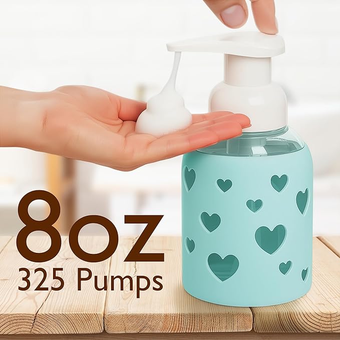 SoCal Suds & Company Glass Foaming Hand Soap Dispenser, Heart Silicone Sleeve, Refillable Pump Bottle for Kids, Baby Wash & Shampoo, Ideal for Home Use, Sea Glass 8oz