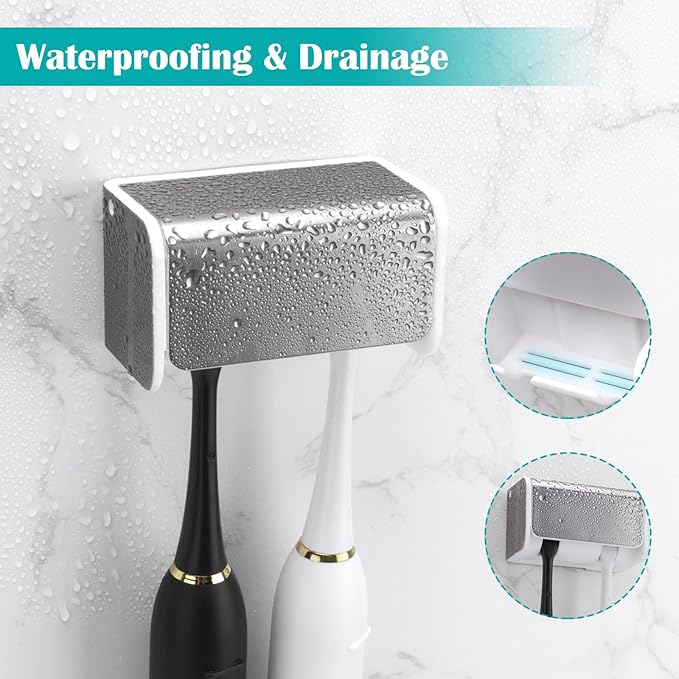 Toothbrush Holders Wall Mounted with Cover, Electric Tooth Brushing Holder for Bathroom, 2 Slots Self Adhesive Toothbrush Organizer, Toothbrush Stand for Family, Kids (1, Brushed Silver)