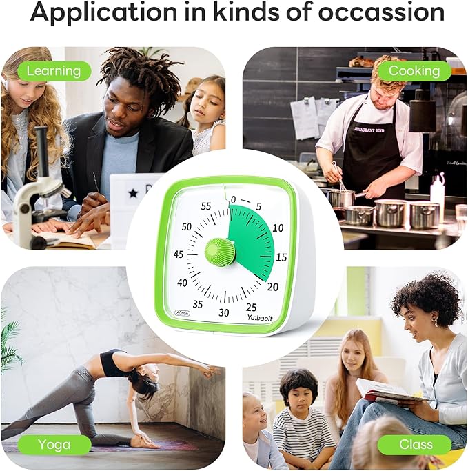 Yunbaoit Visual Timer with Night Light, 60-Minute Countdown Timer for Kids and Adults, Silent Classroom Timer, Time Management Tool for Home, School, or Work (Light Green)