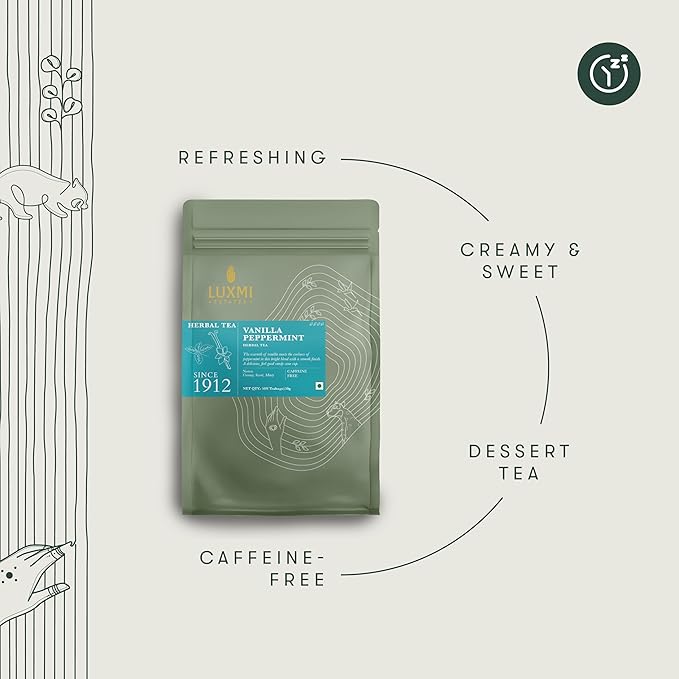 Luxmi Estates Vanilla Peppermint Organic Peppermint Tea (50 Tea Bags) Caffeine Free Tea Bags For Relaxing, Calming, and Stress Relief, With Certified Organic Herbal Tea