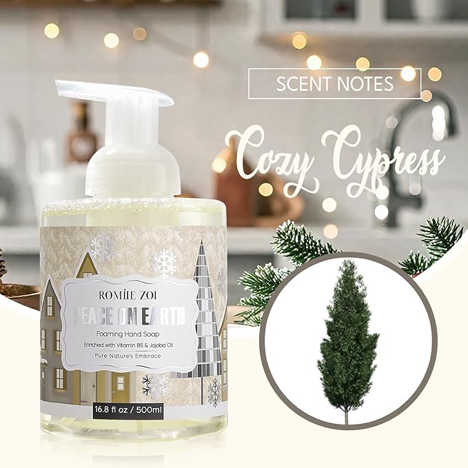 ROMIIE ZOI Christmas Foaming Hand Soap with Gift Box- Peace of Earth Design, Cozy Cypress Scented - Holiday Bathroom Soap for Winter Home Decor, Stocking Stuffer, and Gift – 500ml / 16.8oz