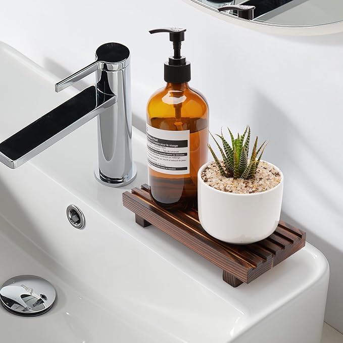 Small Kitchen Sink Soap Tray for Counter Soap Dish Dispenser Holder Wooden Risers Stand for Bathroom Decor Farmhouse Wood Pedestal Kitchen Accessories Countertop Vanity Counter Decorative Tray