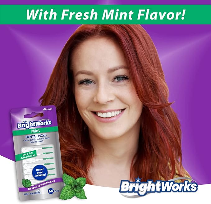 BrightWorks Mint Dental Picks, with Extra Soft Rubber Bristles and Flexible Tip, Clean Gently and Effectively Between Teeth, Travel Case Included, 3 Packs (64 Per Pack) [192 Total Picks]