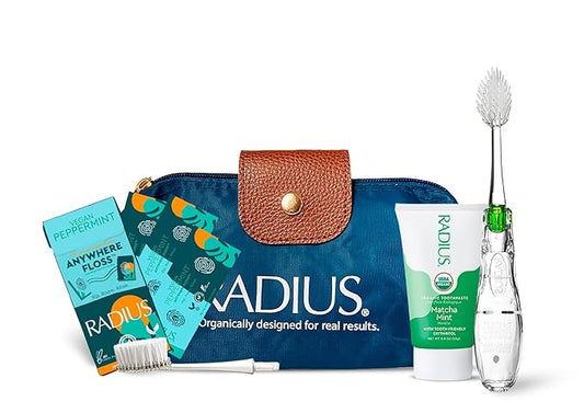 RADIUS Clean Getaway Deluxe Oral Care Gift Set (Tour Toothbrush With Replacement Head, Organic Matcha Mint Toothpaste, 0.8oz, Biodegradable Silk Travel Floss, Blue Travel Bag), 1 Count