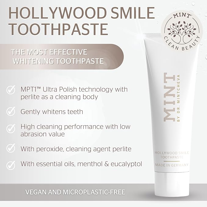 Mint Hollywood Smile Toothpaste (85 ml) - Innovative 2-Phase Formula with Whitening Booster - Fluoride-Free - MPT1 Ultra Polish Technology with Perlite - Pap Technology for Gentle Whitening - Vegan