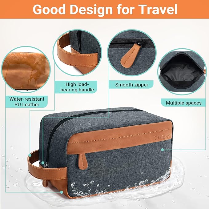 Elviros Travel Toiletry Bag for Men Hanging Dopp Kit Water Repellent PU Leather Shaving Bag with Large Capacity for Travel and Bathroom, Navy Blue
