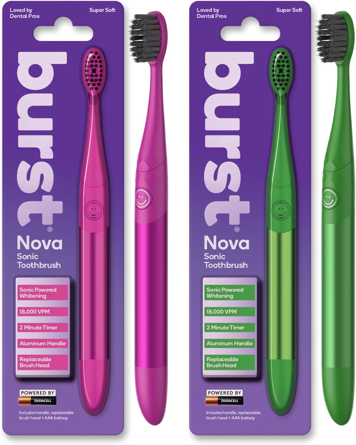 Burst Nova Toothbrush (2 Pack/Pink & Green) | Sonic Powered Teeth Whitening | Super-Soft Bristles | 18000 VPM | 2 Minute Timer | Aluminum Handle | Replaceable Brush Head | Compact Size | AAA Battery