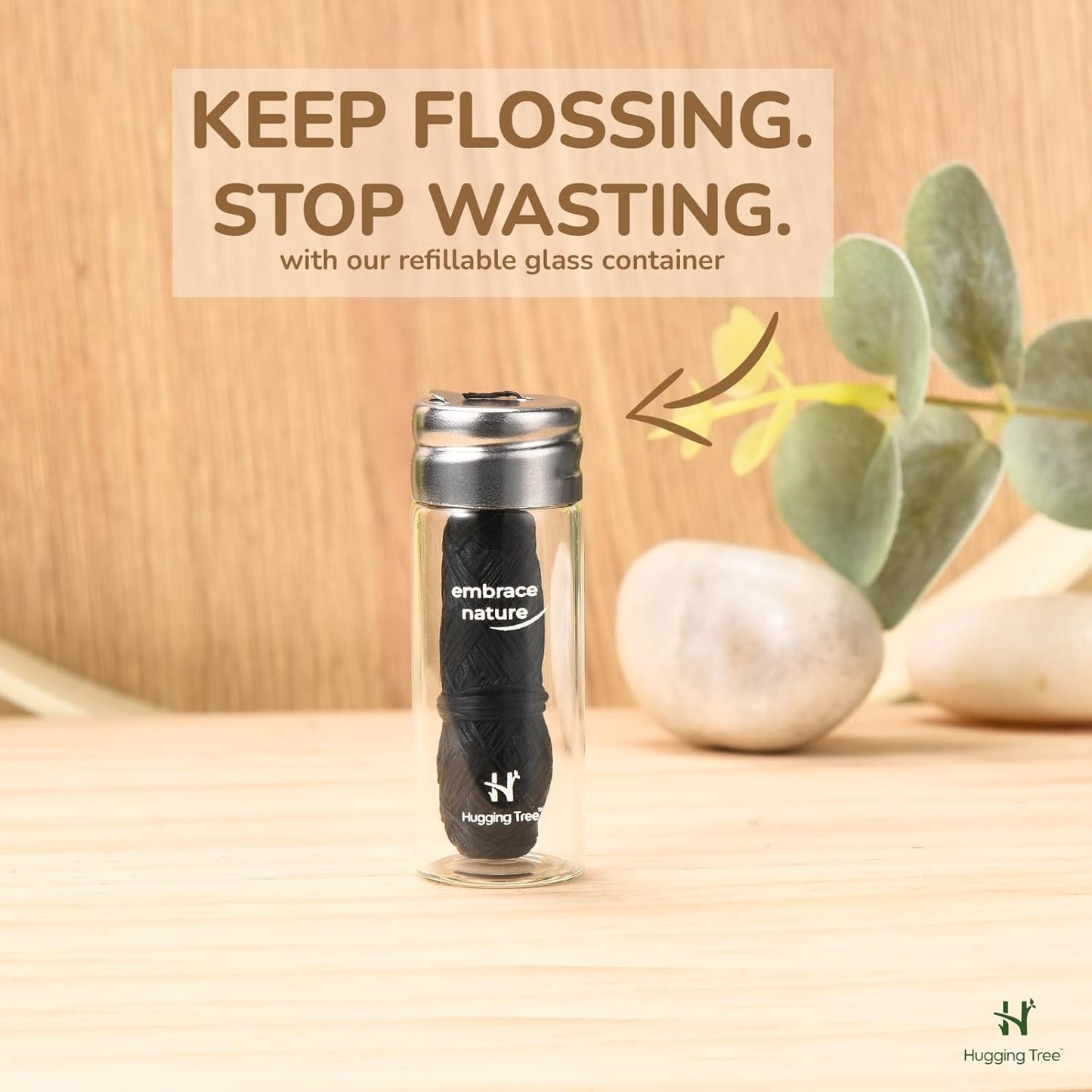 Charcoal Dental Floss with Refillable Glass Dispenser | PFAS Free Dental Floss | Mint (33 Yards)