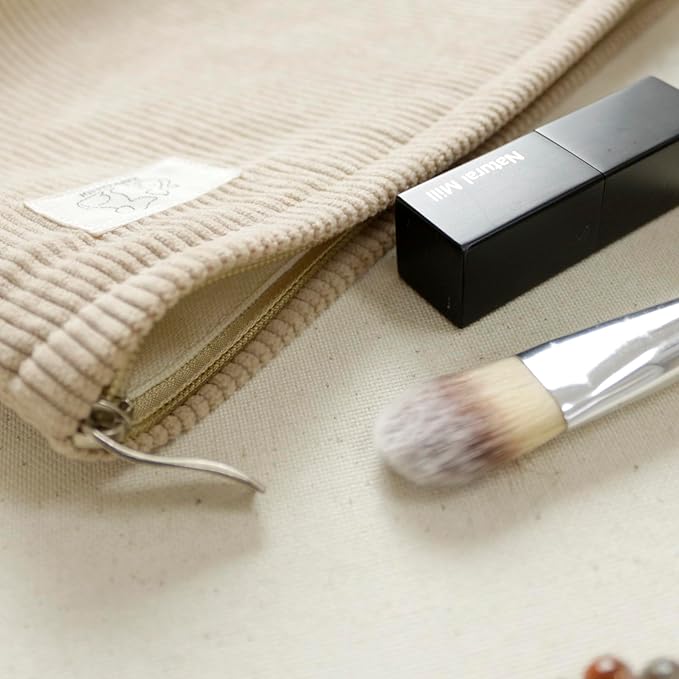 HAPPYHEIDI Creamy Light Khaki Corduroy Makeup Bag Cosmetic Toiletry Travel Pouch, Make Up Accessory Purse Organizer, Canvas Lined