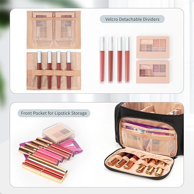 Large Cotton Makeup Bag, Lightweight Travel Makeup Bag Organizer for Women Girls with Makeup Brush Compartment & Two Side Pockets, Cosmetic Travel Bag Vertical Storage- Black01