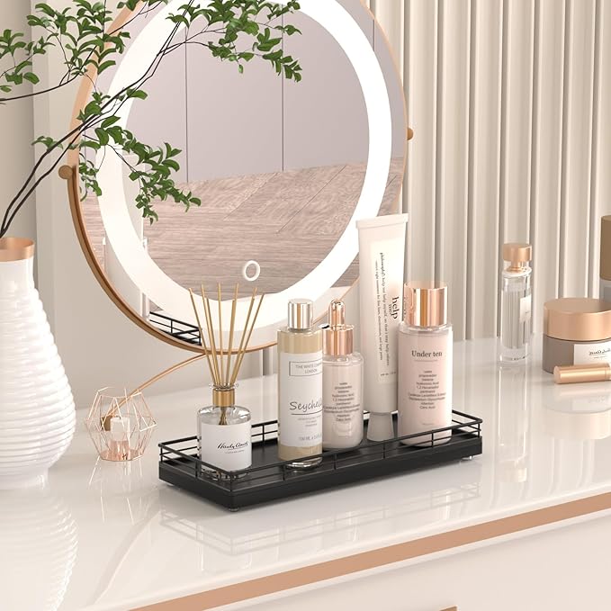 Bathroom Tray for Counter, Oak Wood 11" L Small Vanity Tray for Dresser Tops Perfume Jewelry Makeup Candle Soap Sponge Holder for Kitchen Countertop Organizer Coffee Table Decor Bar Black