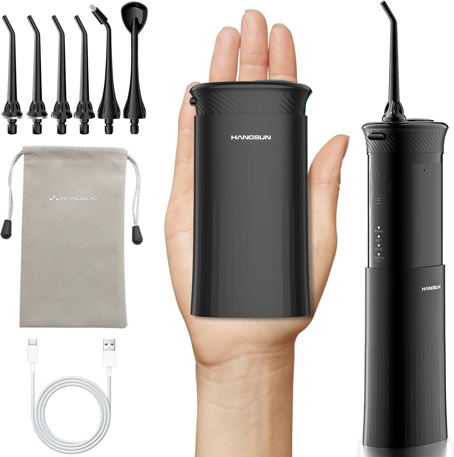 HANGSUN Water Flosser for Teeth - Portable Travel Cordless, 30 Days Battery, Deep Plaque Removal, 4 Adjustable Modes, 6 Nozzles for Sensitive Gums & Braces, IPX7, Telescopic 180ml Tank, Black