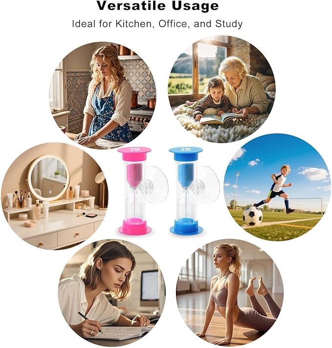 2 Minute Sand Timer with Sauction Cup, Small Blue and Pink Acrylic Hourglass Sand Clock Set, Plastic Glass Mini Sandglass for Classroom Games Kitchen (Pack of 2)
