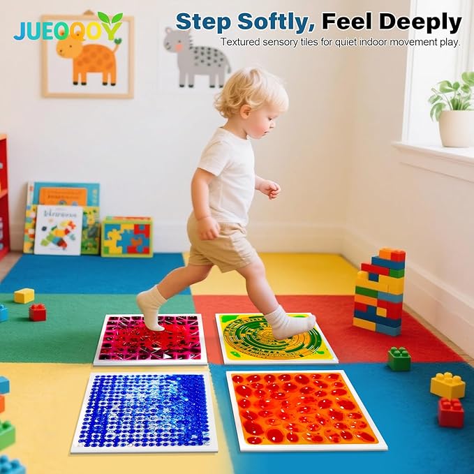 Liquid Sensory Floor Tiles for Kids Ages 3+, 12" Textured Step-On Tiles with Non-Slip Base, Interactive Color-Flow, Assorted Colors, Classroom Sensory Path Set (6-Pack)