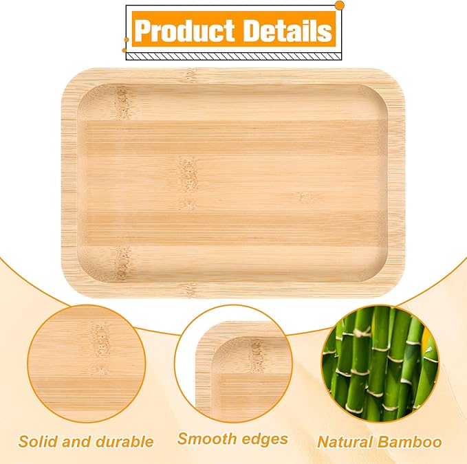 Small Bamboo Trays Bathroom Tray Smooth Thick Bamboo Vanity Trays for Perfume, Candles, Cosmetics, Bathtub Storage Rack, Breakfast Tray, Coffee Bar (8.46 x 5.9 Inch)