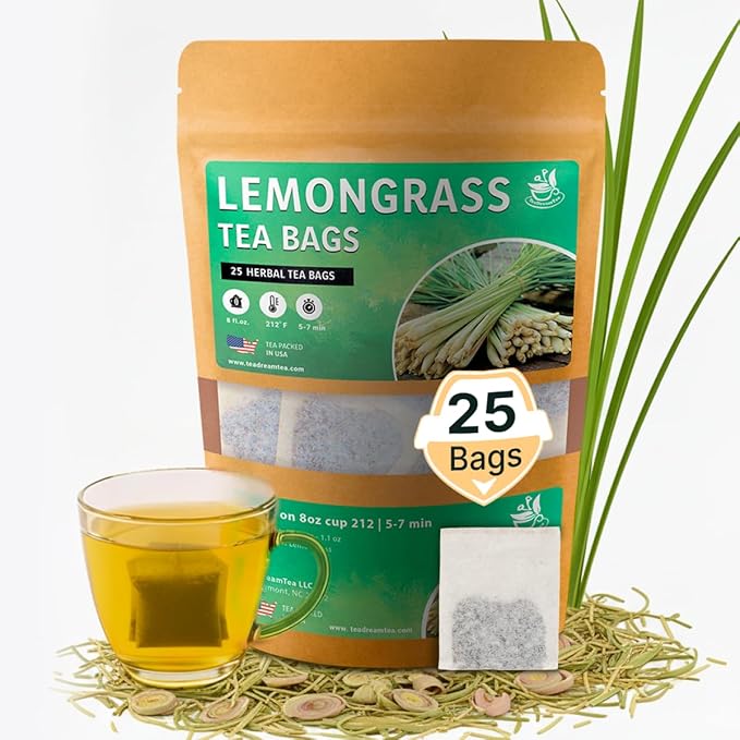 Lemongrass Tea Bags - 25 Bags (Premium Natural Pure Leaf Tea - 25 Count) Gluten-Free and Caffeine-Free Herbal tea for Relaxation, Wallness, Immune Support with Smooth Taste