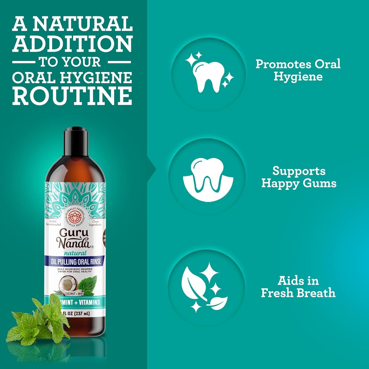 GuruNanda CocoMint Oil Pulling Mouthwash for Complete Oral Hygiene, 7 Essential Oils & Vitamins for Happy Teeth & Gums & Fresh Breath, with 2 Toothbrushes & 2 Tongue Scrapers, Alcohol-Free, 3X8 oz