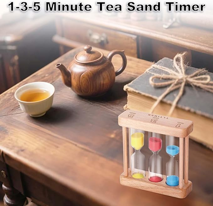 Tea 1-3-5 Minute Sand Timer Hourglass, Small Wooden Frame Blue Sand Clock, Red Colorful Sand Watch, Yellow Reloj De Arena, Unique Hour Glass Sandglass for Kids, Classroom, Home, Desk Decoration