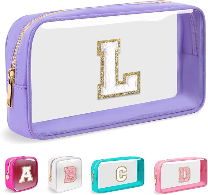Small Clear Personalized Initial Makeup Bag,Nylon Preppy A-Z Chenille Letter Patch Cosmetic Pouch Beach Toiletry Bag,Waterproof Zip Travel Purse Storage Bag Organizer for Women Girls(Purple-White L)