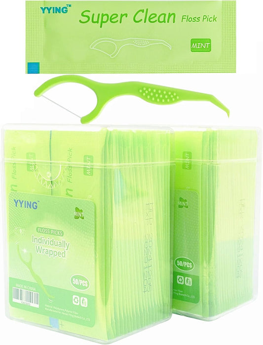 YYING Individually Wrapped Dental Floss Picks for Teeth 100 Ct Mint Flavored, Single Pack Dental Flossers Picks Green Travel Portable Case
