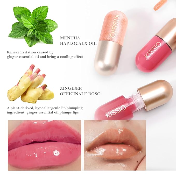 KISSIO Lip Plumper Set,Plumping,Moisturizing and Shimmer,Plumping Lip Gloss,Beauty Lips,01#Lemonade and 05#Dogwood