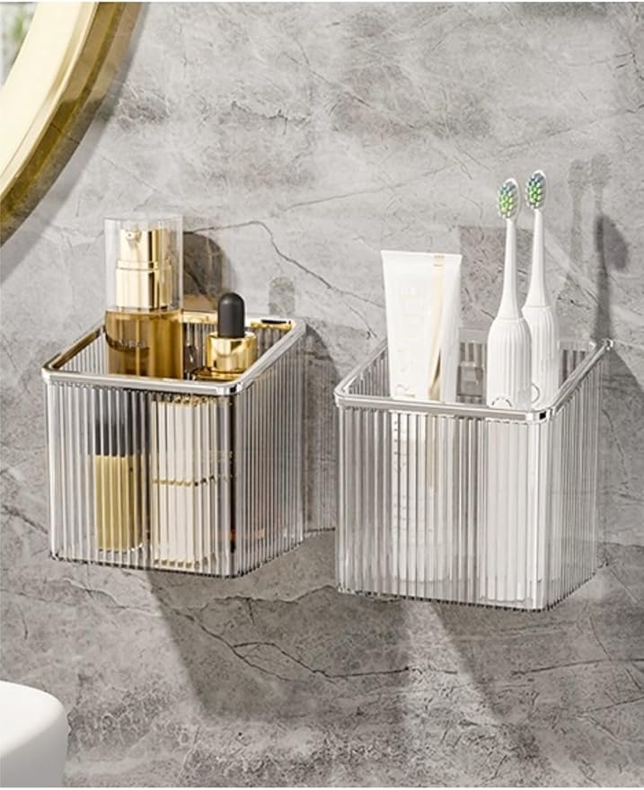2 Pack Wall Toothbrush Holder for Shower Adhesive Shower Holder for Tooth Brush,Electric Toothbrush,Toothpaste,Razor,Makeup Brush,Hanging Wall Storage Organizer Bucket(Silver)