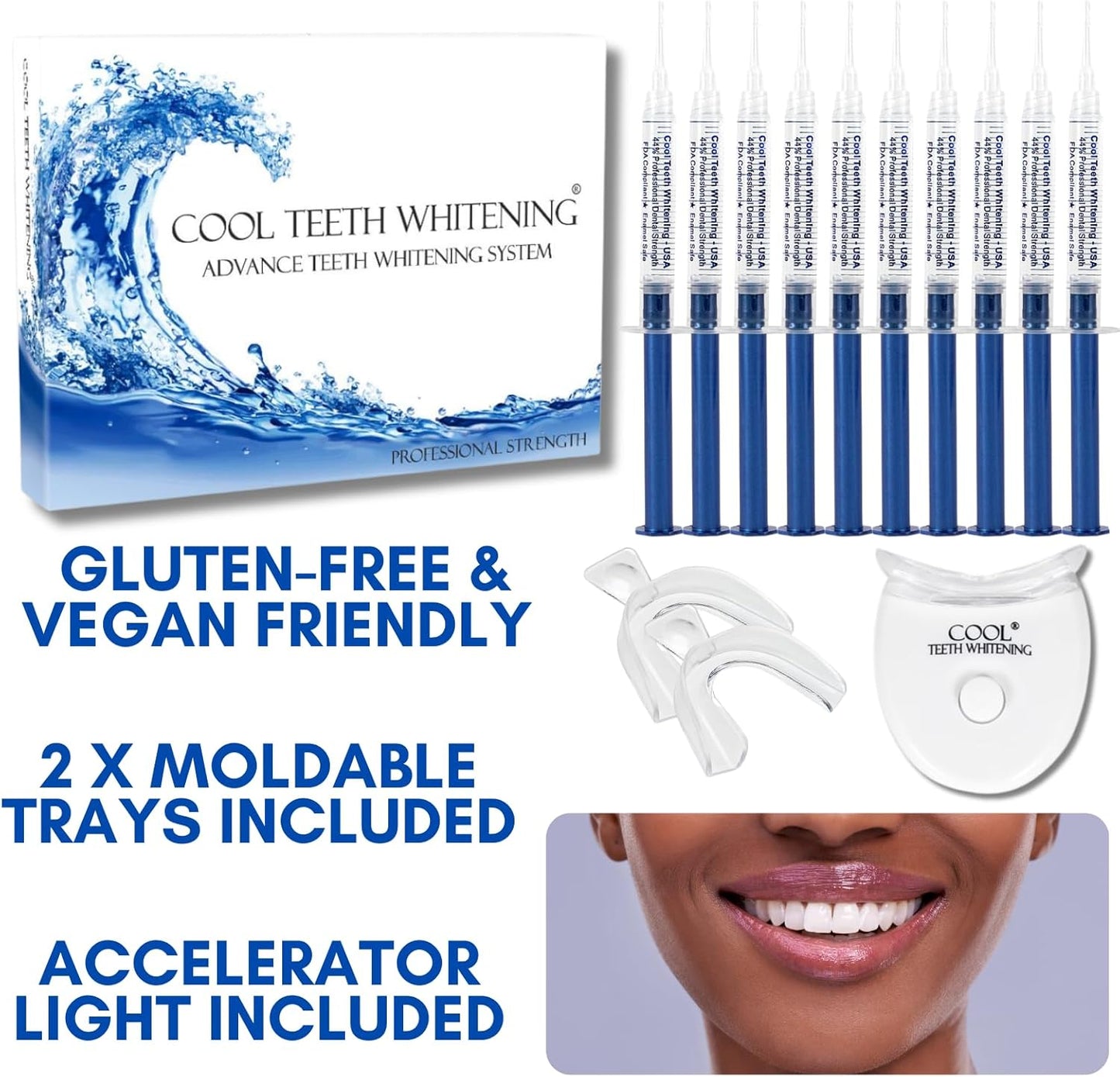 Teeth Whitening Kit 10 Syringes Strongest 44% Carbamide Peroxide Vegan Teeth Whitening Gel, Light and Teeth Bleaching Trays Included