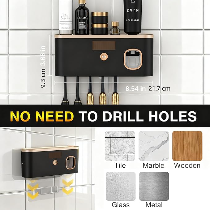 Toothbrush Holders for Bathrooms, Toothbrush Holder Wall Mounted with Toothpaste Dispenser, Rechargeable Cordless Wall Mounted Tooth Brushing Holder