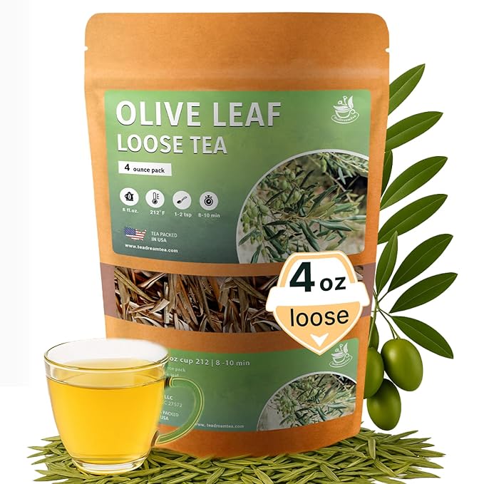 Olive Leaf Loose Tea – 4oz Size (Premium Dried Olive Loose Leaf Tea - 4 oz), Natural Extract Caffeine-Free Herbal Tea for Relaxation, Wallness with Smooth Taste