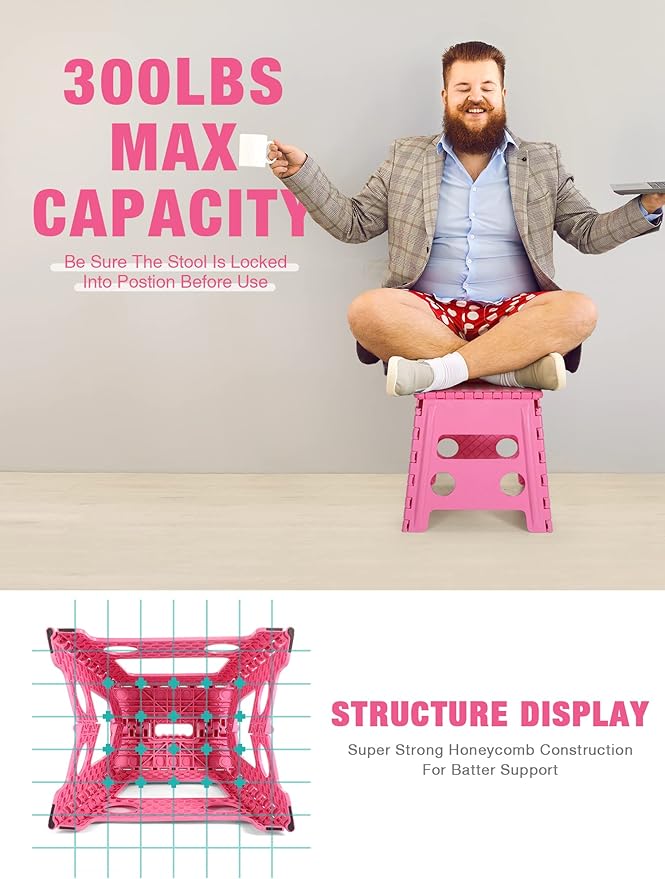 Dyforce Non-Slip Folding Step Stool - 13 inch Height Heavy Duty Foldable Stool for Adults Kids, Plastic Step Stool Camping Stepping Stool - Pink