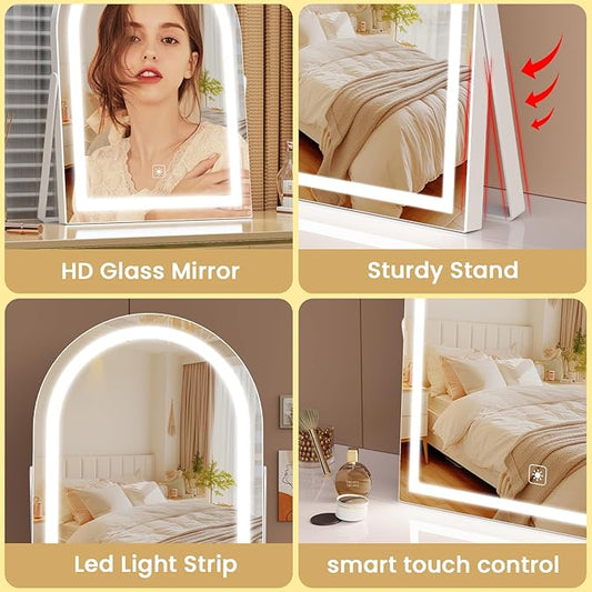 14" Elegant LED Vanity Mirror with 3-Color Adjustable Lights, Lighted Makeup Mirror 360° Rotating Stand & Touch Control - Perfect Makeup Gift for Women