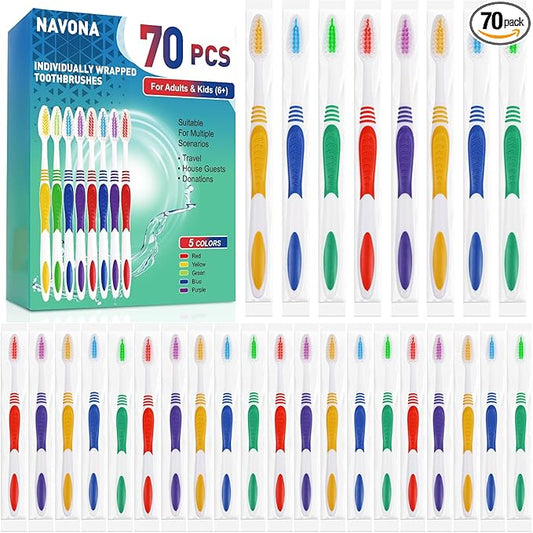 Navona 70 PCS Premium Individually Wrapped Bulk Toothbrush Pack, Disposable Toothbrushes, Kids Toothbrush, Medium Soft Bristle Toothbrushes, Ergonomics Handle, Perfect for Travel Hotel Donation