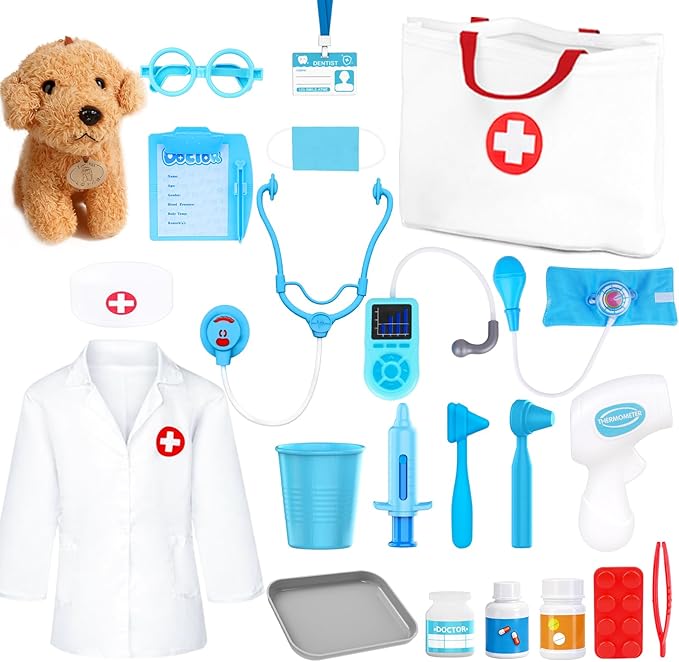 Doctor Kit for Toddlers 3-5 - Play Veterinarian Set Toys for 3 4 Year Old Boys Girls, Pretend Play Medical Kit with Dog, Bag, Costume, Stethoscope, Birthday Christmas Stocking Stuffers Gifts for Kids