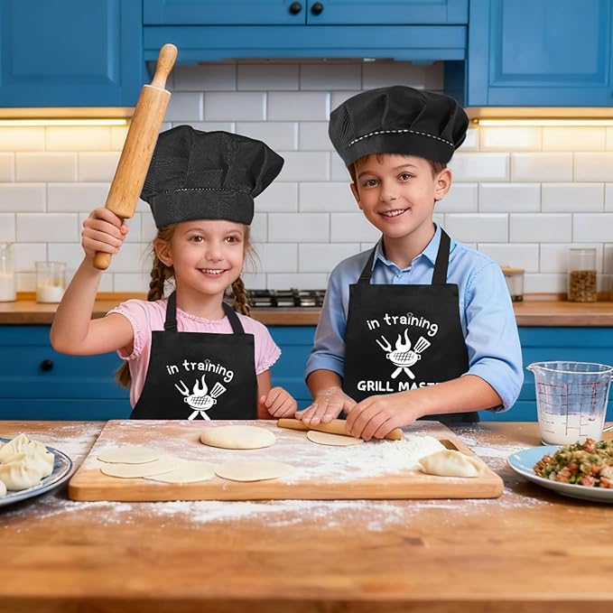 Kids Apron and Chef Hat Set, “GRILL MASTER in training” Funny Apron Adjustable Kitchen Apron Cooking Baking Painting with 2 Pockets for Boys and Girls