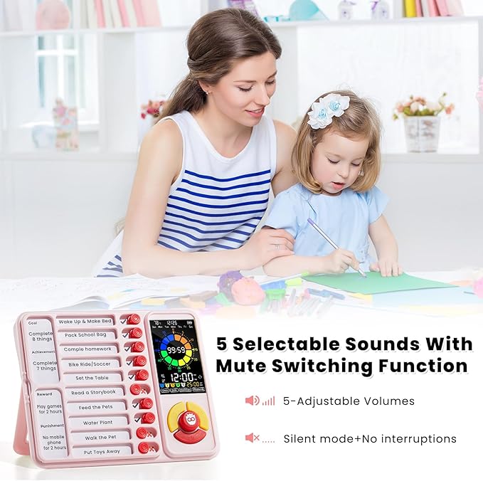 ADHD Tool for Kids, 5-in-1 Visual Timer with Chore Chart Board, Visual Schedule for Kids, 12/24 Task Timer with 99'59'' Countdown/Countup, 5 Alarms, Silent Operation Visual Schedule for Autism - Pink