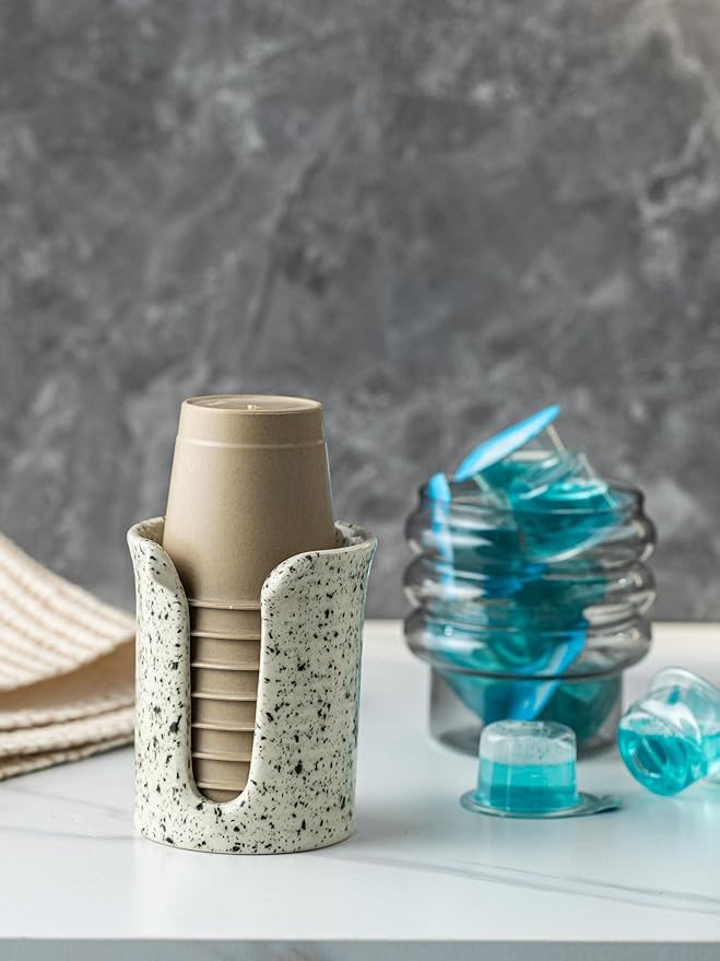 Bathroom Cup Dispenser 3 Oz, Bathroom Cup Holder for Dixie Cups Mouthwash Cup Dispenser, Small Paper Cups Holder for Bathroom Countertop, Ceramic, Speckled White