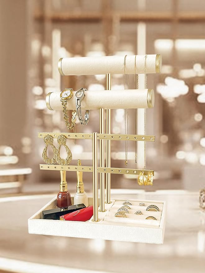 3 Tier Jewelry Organizer Stand with Detachable Ring Tray, Multi-functional necklace Holder for Bracelet, Earring, Elegant Closet Decor Gift for Women (White)